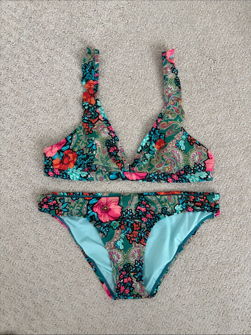 Laundry By Shelli Segal Teal Floral Paisley Bikini with Pink Accents